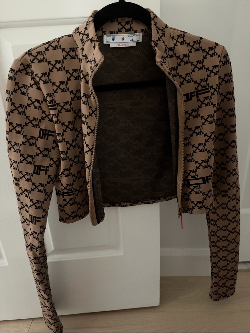 Off-White Beige and Black Logo Cropped Bomber Jacket